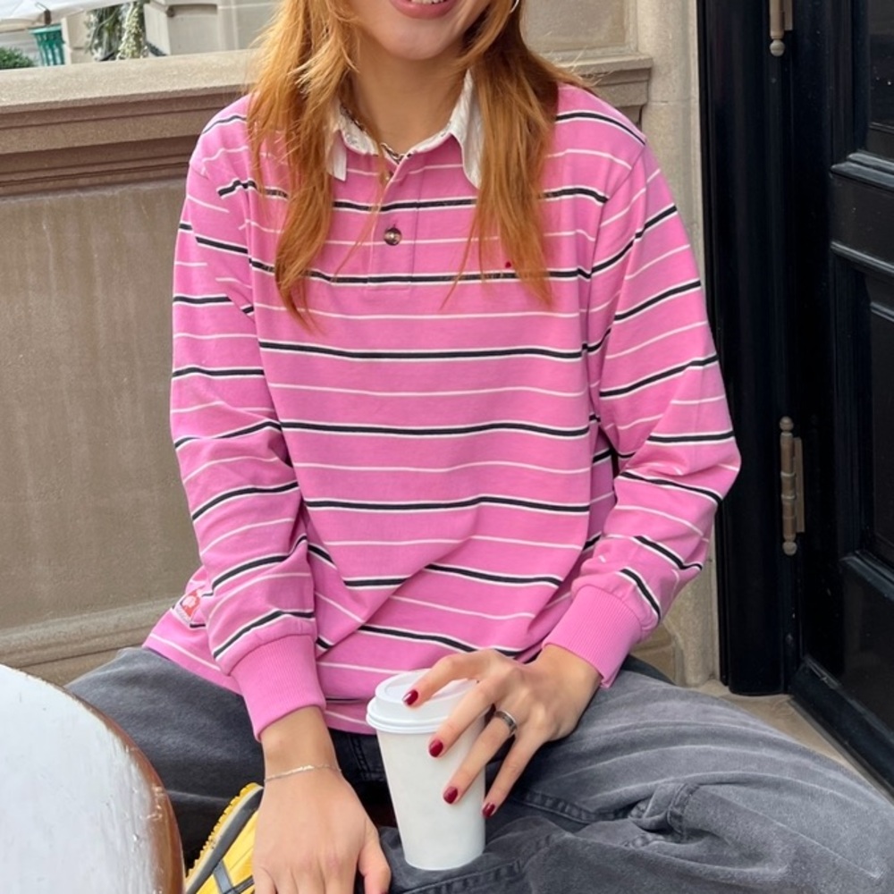Pink Striped Long Sleeve Polo Shirt Damson Madder